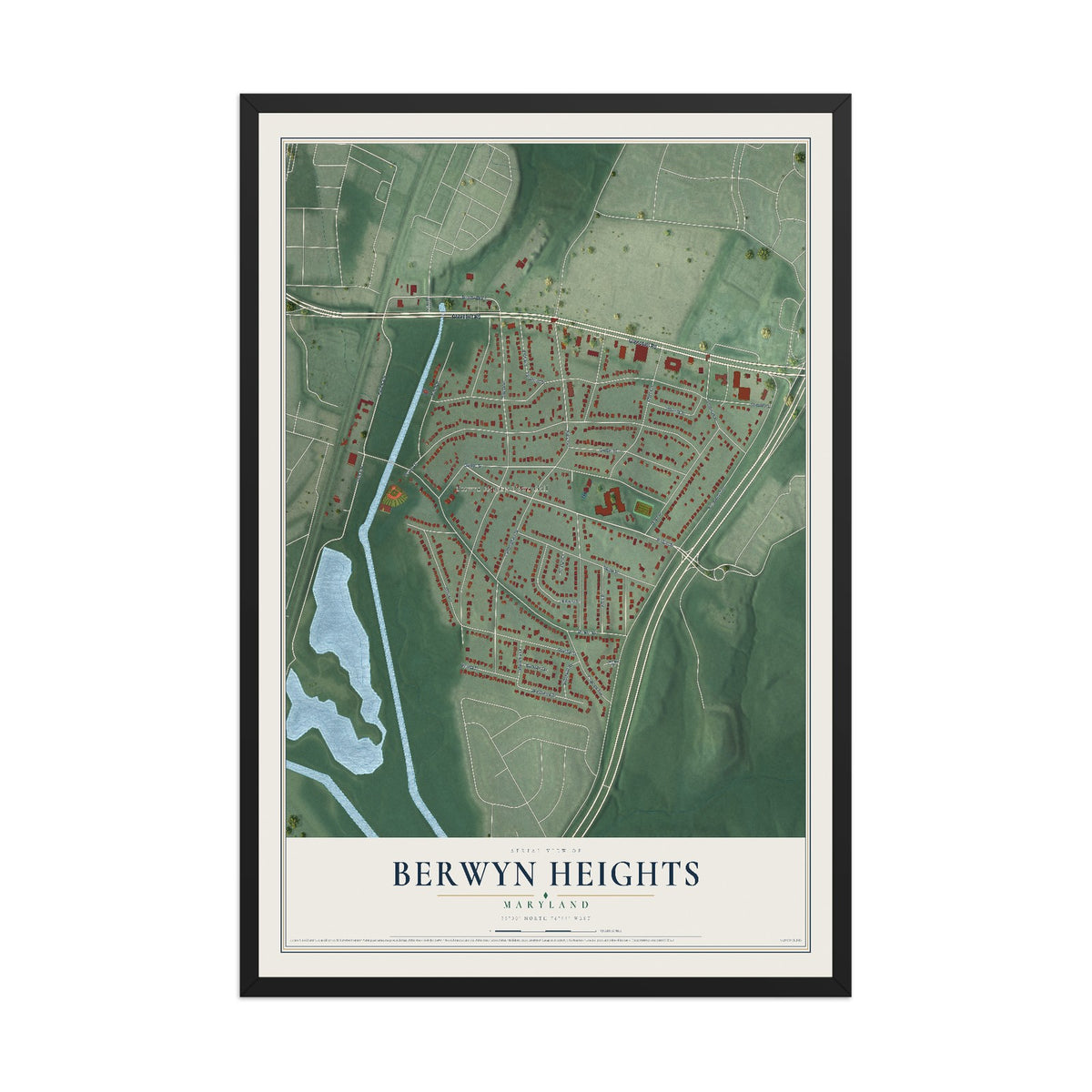 Map of Berwyn Heights, Maryland, 12 x 18 inch print in a black wood frame