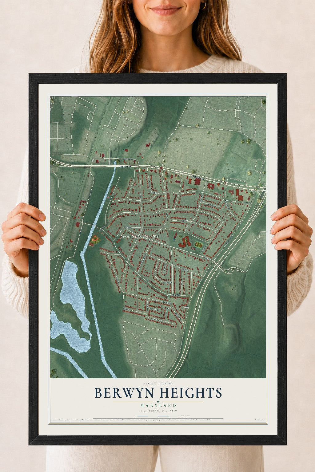 Map of Berwyn Heights, Maryland, 18 x 24 inch print in a black wood frame