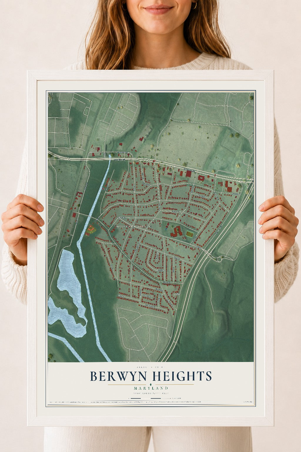Map of Berwyn Heights, Maryland, 18 x 24 inch print in a white wood frame