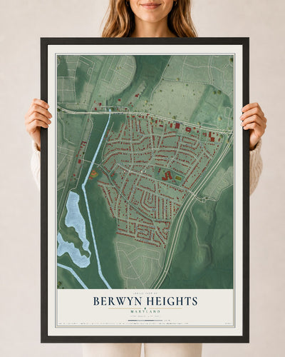 Map of Berwyn Heights, Maryland, 24 x 36 inch print in a black wood frame