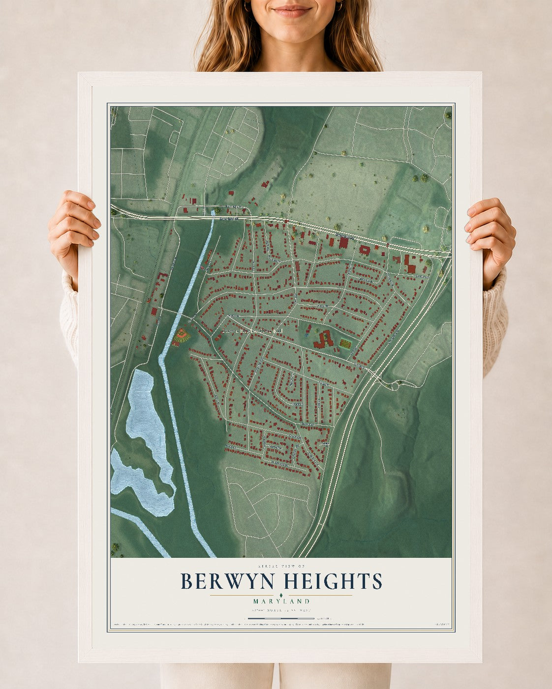 Map of Berwyn Heights, Maryland, 24 x 36 inch print in a white wood frame