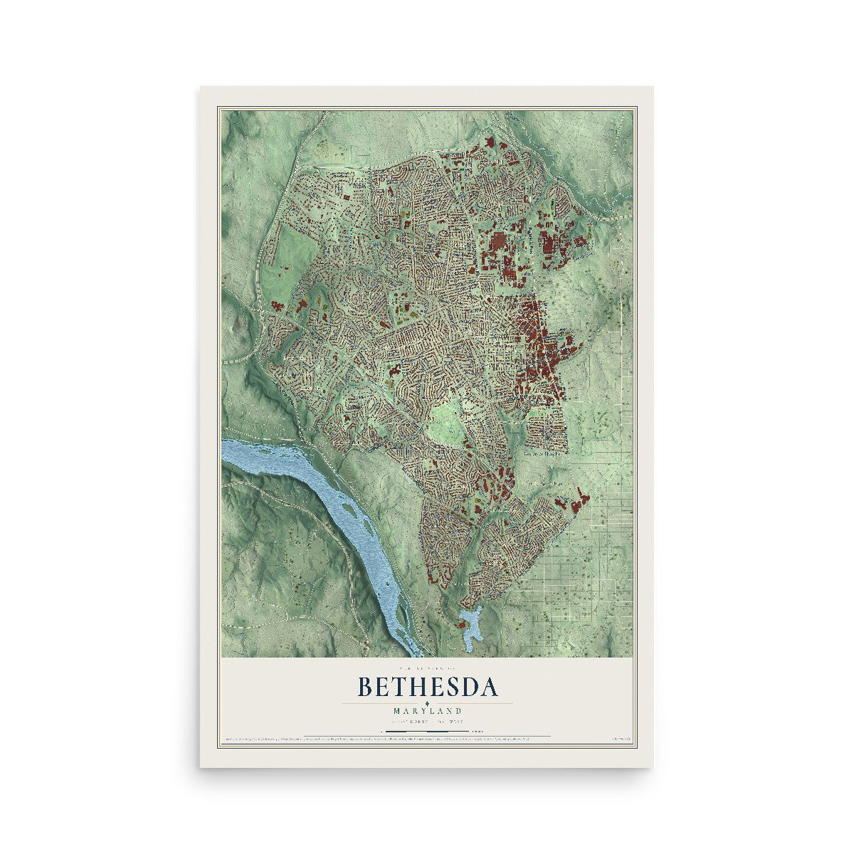 Map of Bethesda, Maryland, 12 x 18 inch unframed archival matte print