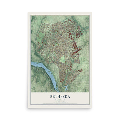 Map of Bethesda, Maryland, 12 x 18 inch unframed archival matte print