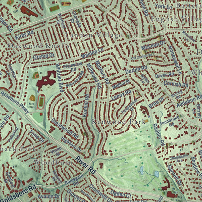 Close-up of the map of Bethesda, Maryland print showing street and building detail