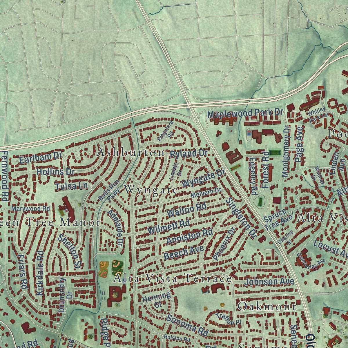 Second close-up of the map of Bethesda, Maryland print showing more streets and buildings