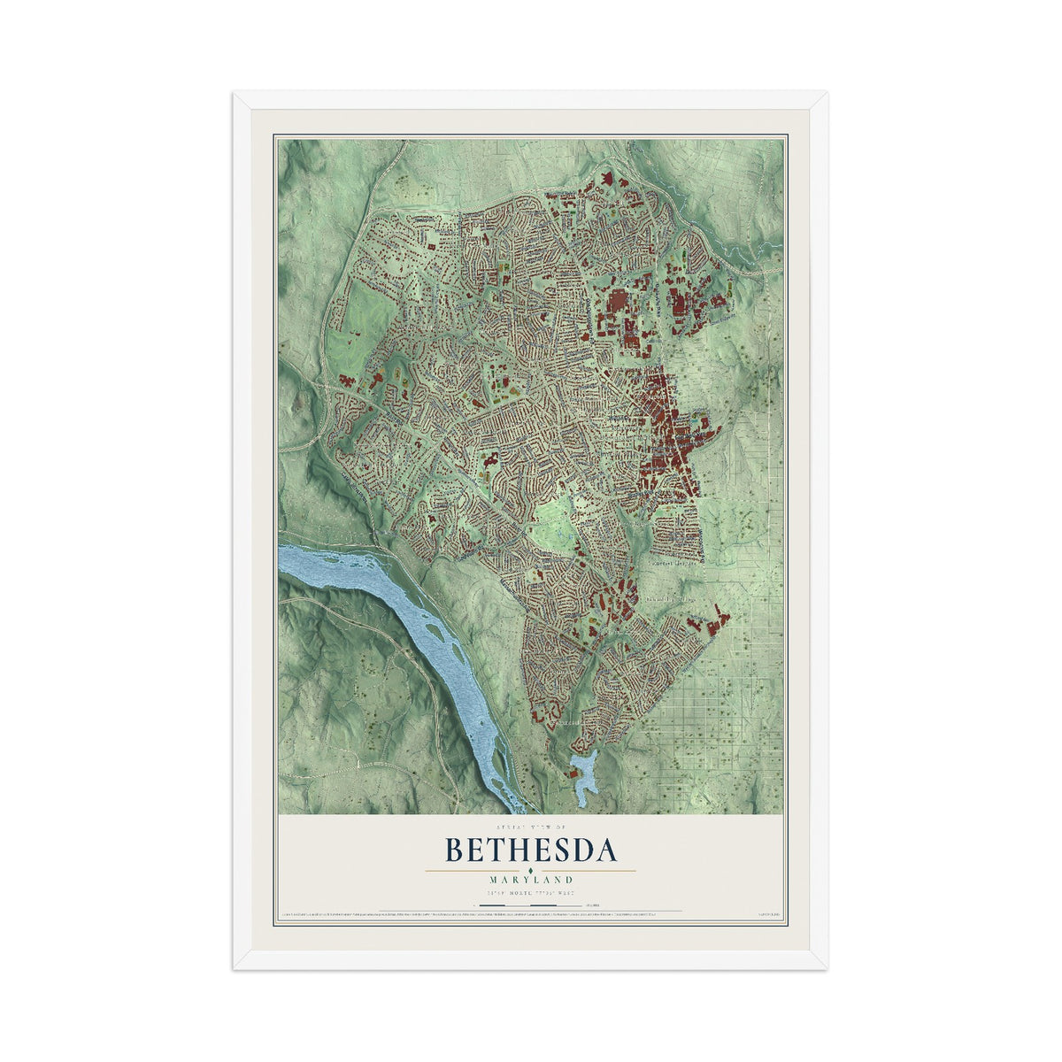 Map of Bethesda, Maryland, 12 x 18 inch print in a white wood frame