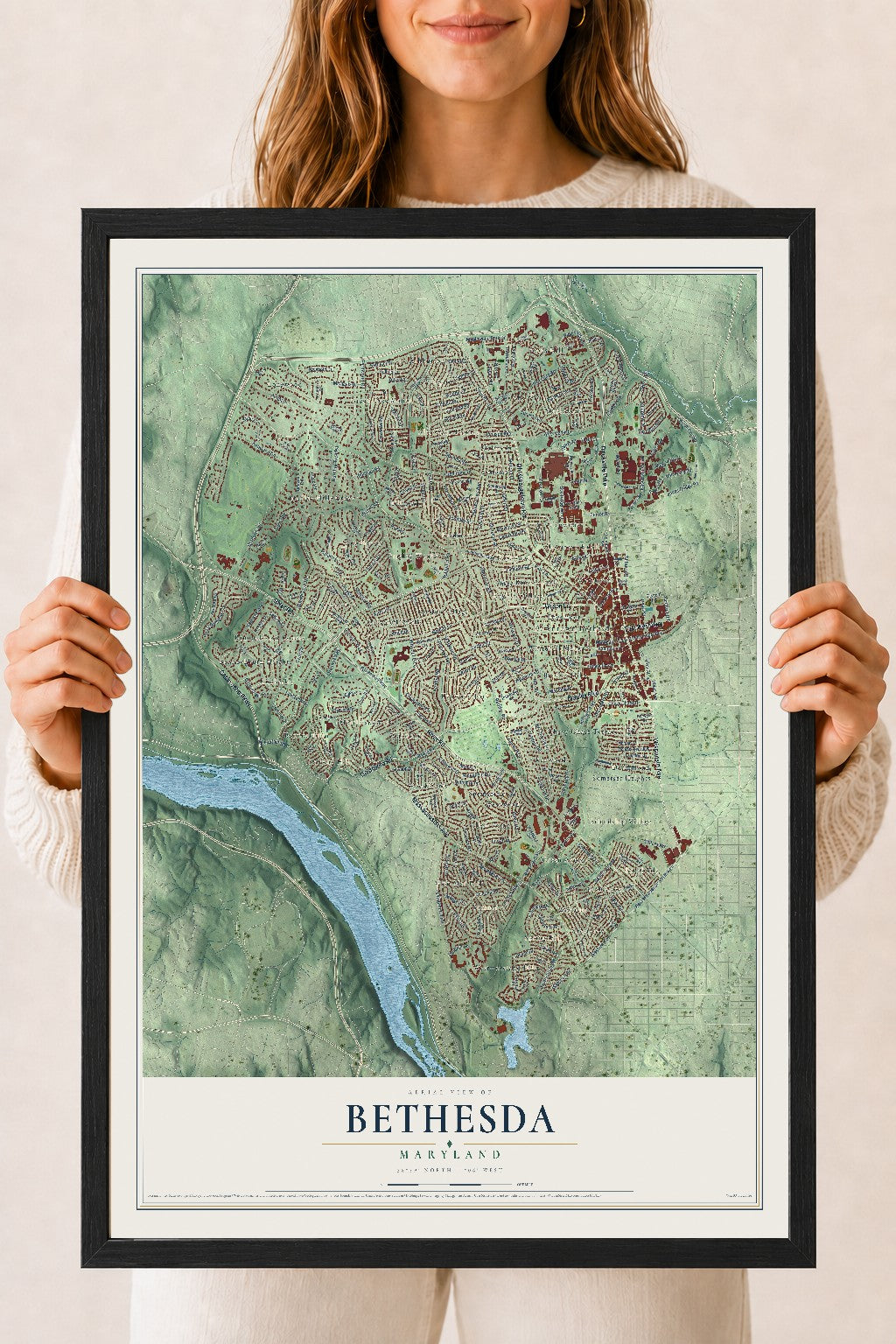 Map of Bethesda, Maryland, 18 x 24 inch print in a black wood frame