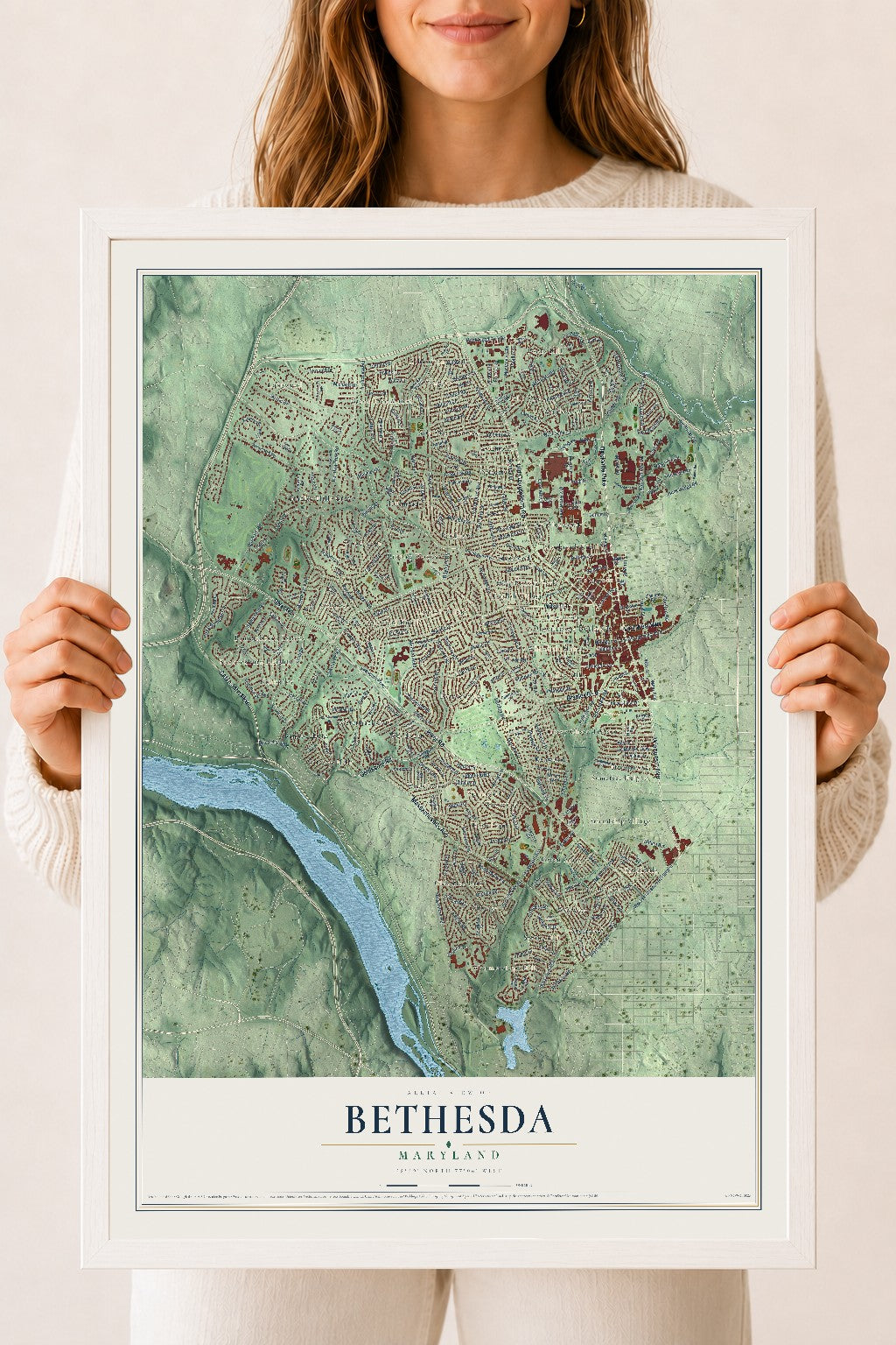 Map of Bethesda, Maryland, 18 x 24 inch print in a white wood frame
