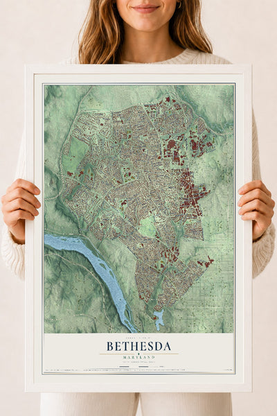 Map of Bethesda, Maryland, 18 x 24 inch print in a white wood frame