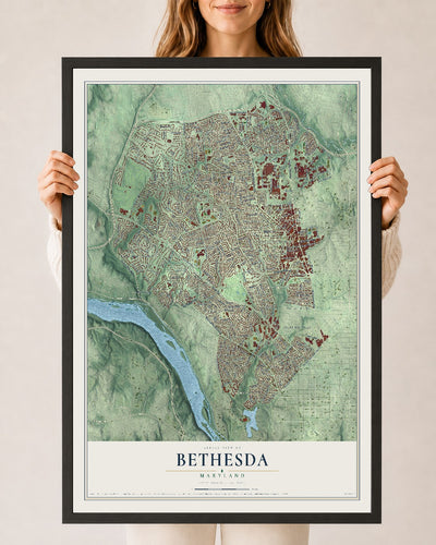 Map of Bethesda, Maryland, 24 x 36 inch print in a black wood frame