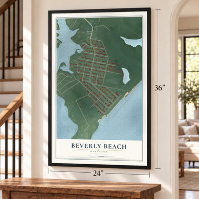 Beverly Beach, Maryland map, 24 x 36 inch print in a black frame by a staircase