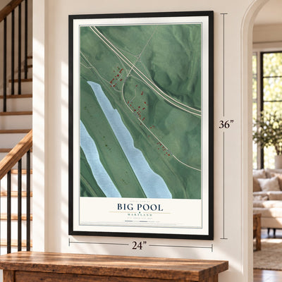 Big Pool, Maryland map, 24 x 36 inch print in a black frame by a staircase