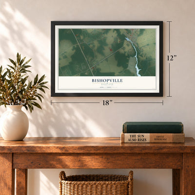Bishopville, Maryland map, 12 x 18 inch print in a black frame in an entryway