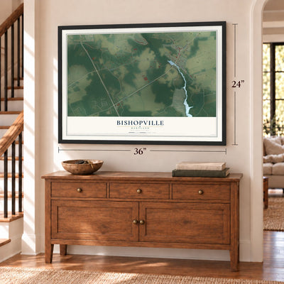Bishopville, Maryland map, 24 x 36 inch print in a black frame above a dresser by a staircase
