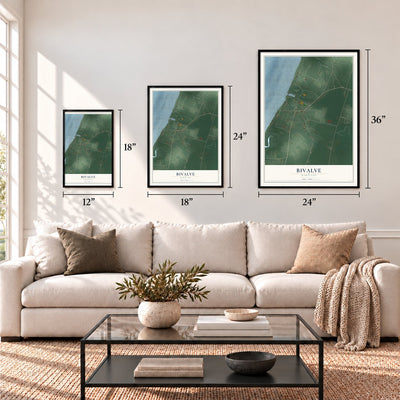 Bivalve, Maryland map in 12 x 18, 18 x 24 and 24 x 36 inch sizes above a sofa