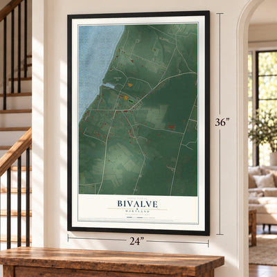 Bivalve, Maryland map, 24 x 36 inch print in a black frame by a staircase