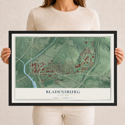 Map of Bladensburg, Maryland, 12 x 18 inch print in a black wood frame
