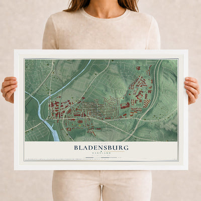 Map of Bladensburg, Maryland, 12 x 18 inch print in a white wood frame