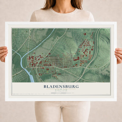 Map of Bladensburg, Maryland, 18 x 24 inch print in a white wood frame
