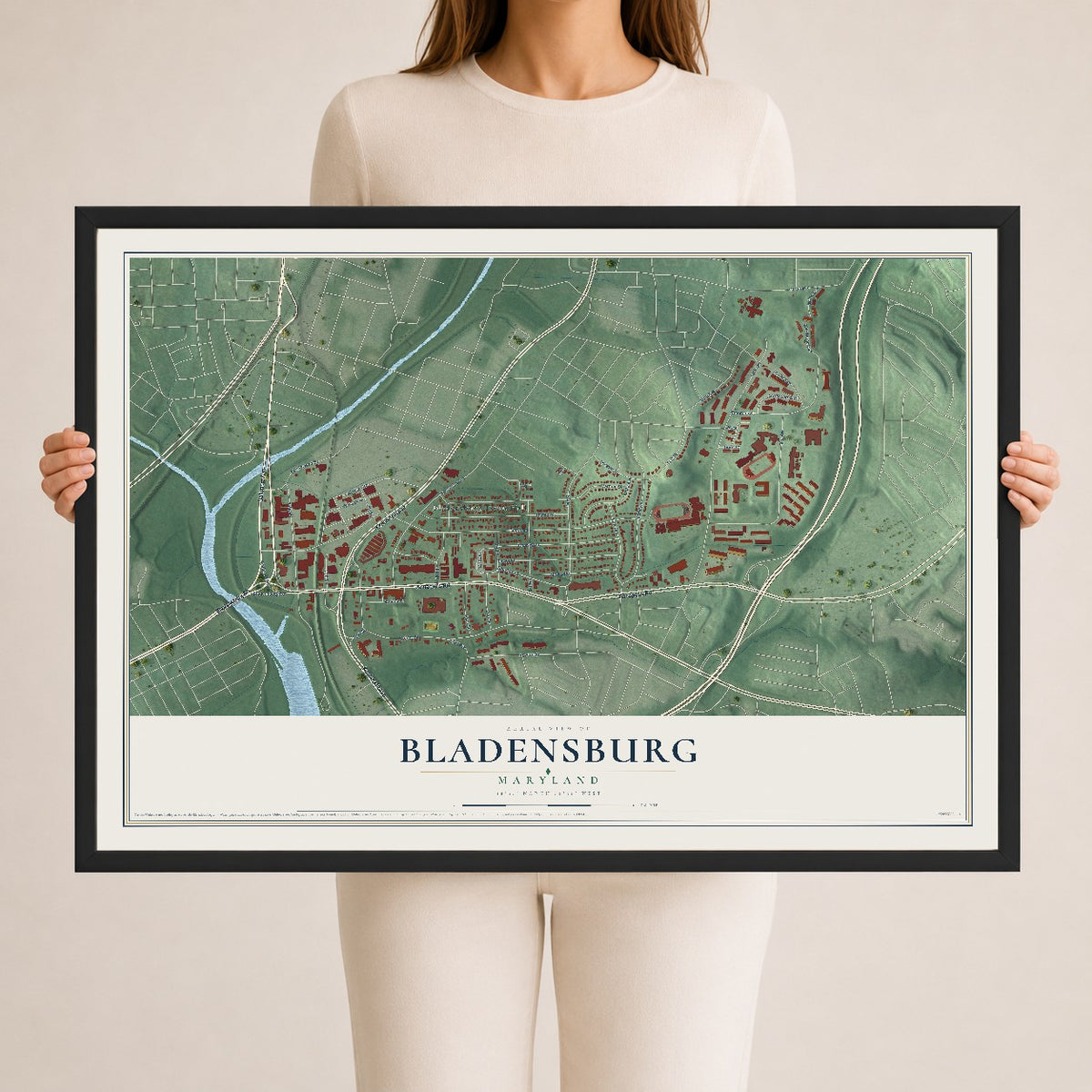 Map of Bladensburg, Maryland, 24 x 36 inch print in a black wood frame