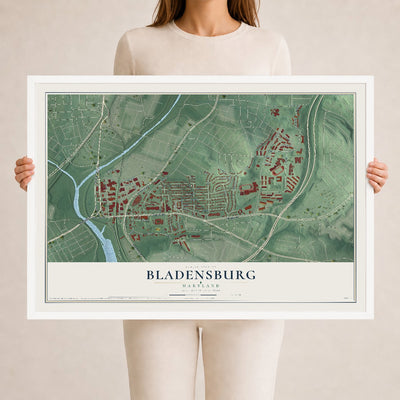 Map of Bladensburg, Maryland, 24 x 36 inch print in a white wood frame