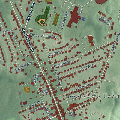 Close-up of the map of Boonsboro, Maryland print showing street and building detail