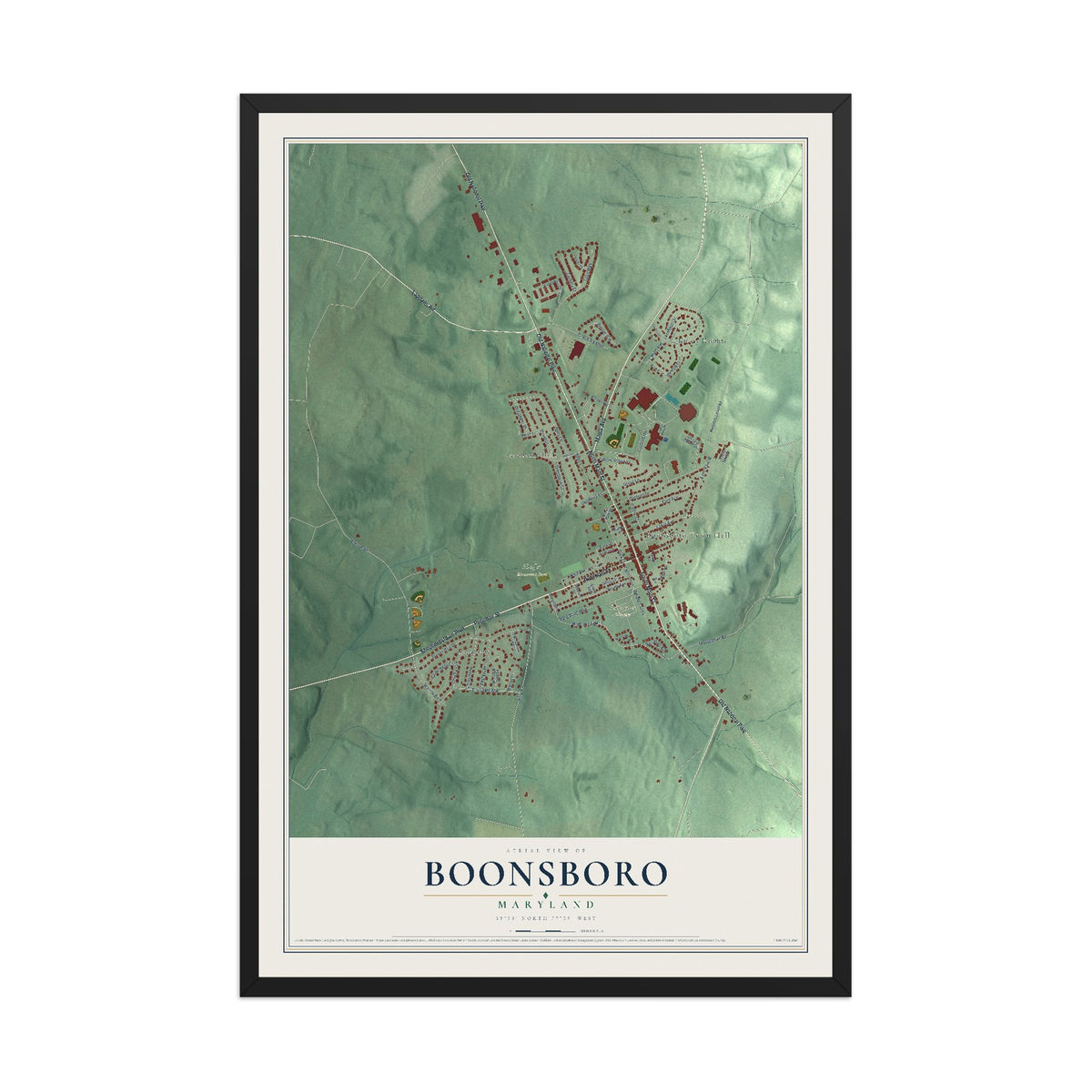 Map of Boonsboro, Maryland, 12 x 18 inch print in a black wood frame