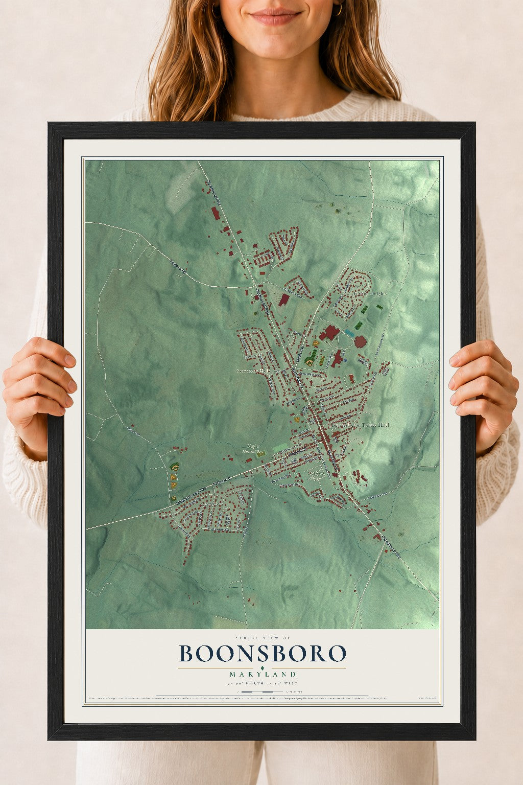 Map of Boonsboro, Maryland, 18 x 24 inch print in a black wood frame