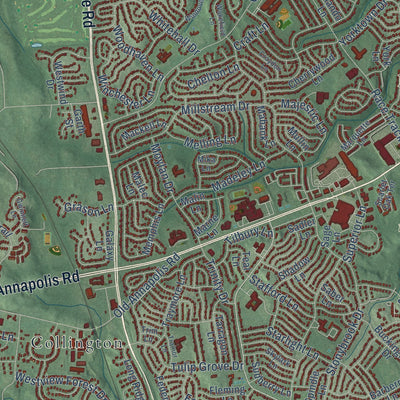 Close-up of the map of Bowie, Maryland print showing street and building detail
