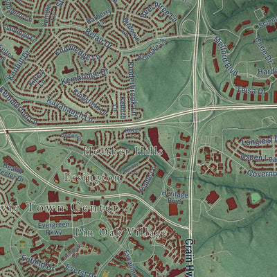 Second close-up of the map of Bowie, Maryland print showing more streets and buildings