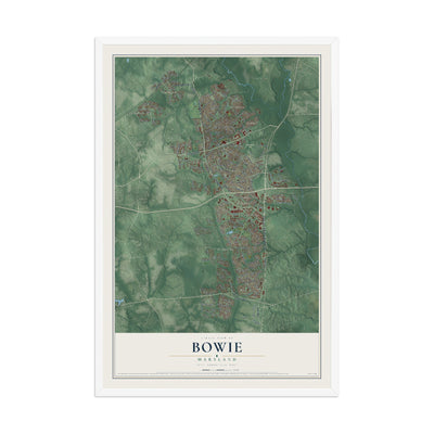 Map of Bowie, Maryland, 12 x 18 inch print in a white wood frame