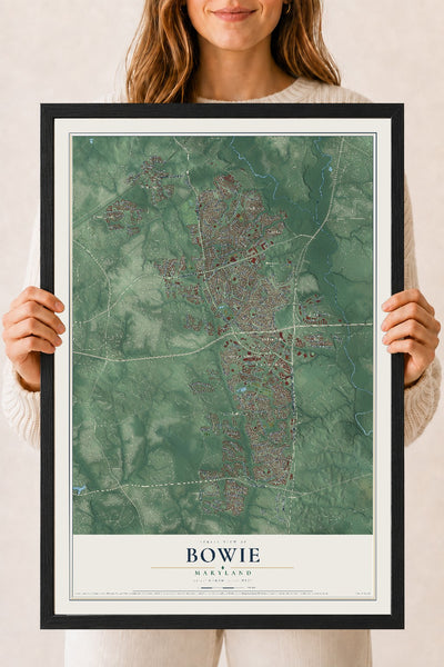 Map of Bowie, Maryland, 18 x 24 inch print in a black wood frame