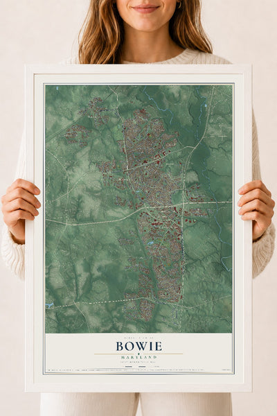 Map of Bowie, Maryland, 18 x 24 inch print in a white wood frame