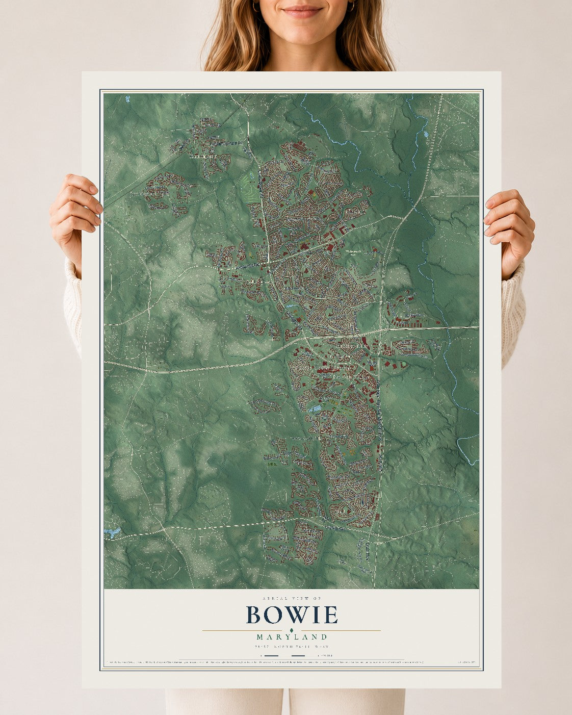 Map of Bowie, Maryland, 24 x 36 inch unframed archival matte print