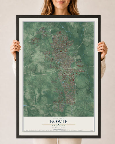 Map of Bowie, Maryland, 24 x 36 inch print in a black wood frame