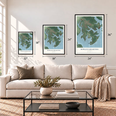 Bowleys Quarters, Maryland map in 12 x 18, 18 x 24 and 24 x 36 inch sizes above a sofa
