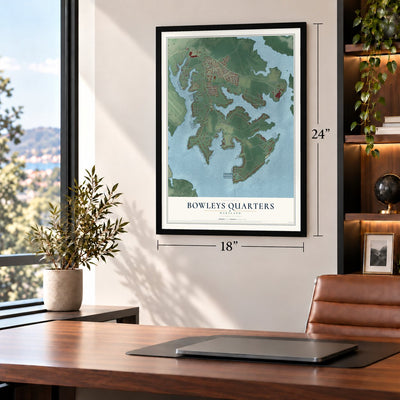 Bowleys Quarters, Maryland map, 18 x 24 inch print in a black frame in a home office