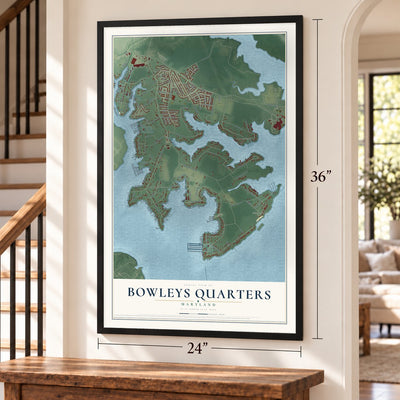 Bowleys Quarters, Maryland map, 24 x 36 inch print in a black frame by a staircase