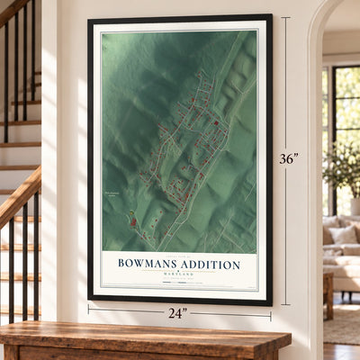 Bowmans Addition, Maryland map, 24 x 36 inch print in a black frame by a staircase