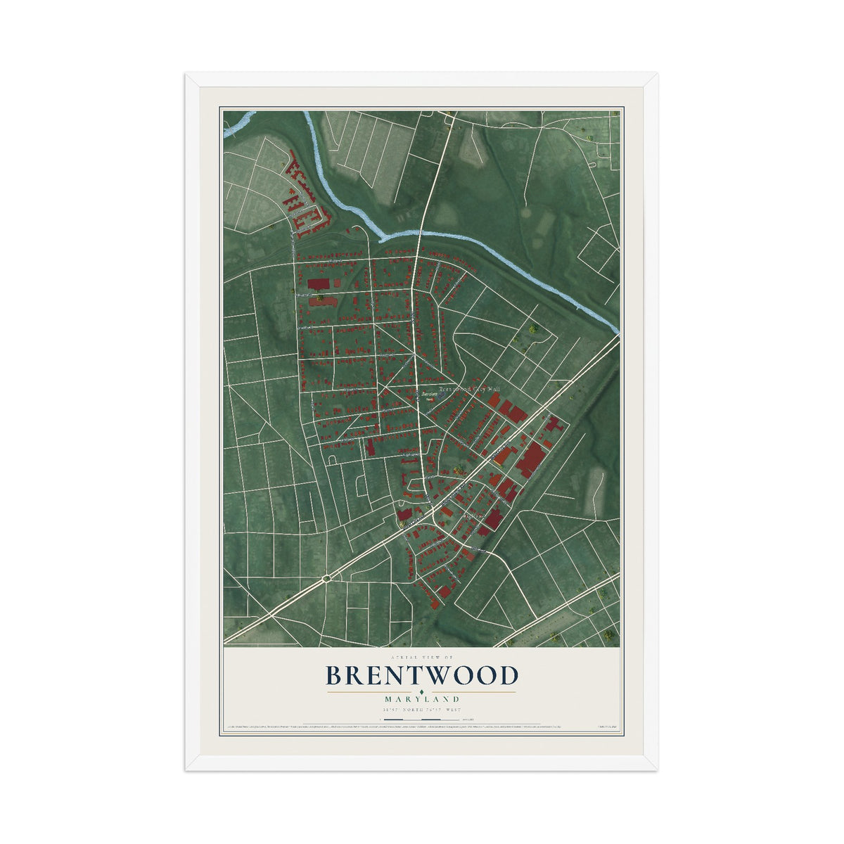 Map of Brentwood, Maryland, 12 x 18 inch print in a white wood frame