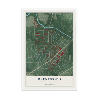 Map of Brentwood, Maryland, 12 x 18 inch print in a white wood frame