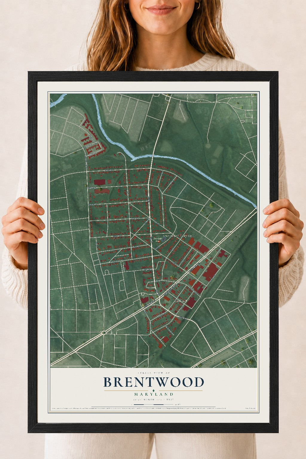 Map of Brentwood, Maryland, 18 x 24 inch print in a black wood frame