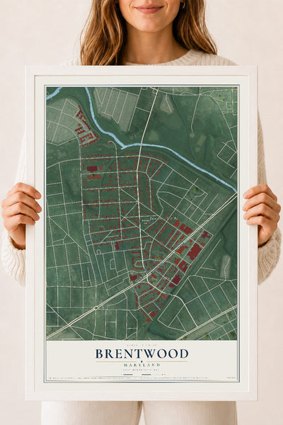 Map of Brentwood, Maryland, 18 x 24 inch print in a white wood frame