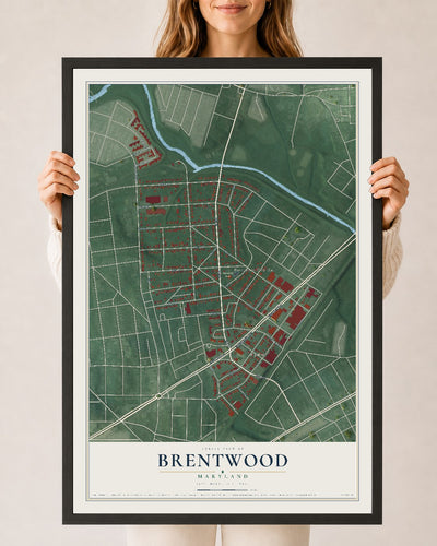 Map of Brentwood, Maryland, 24 x 36 inch print in a black wood frame