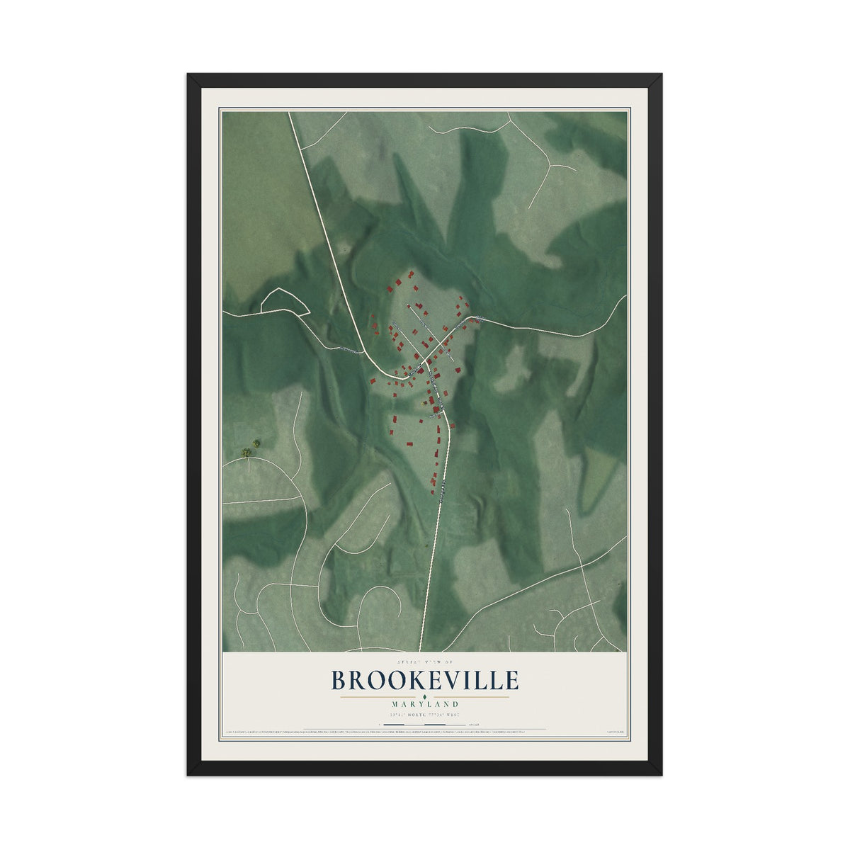 Map of Brookeville, Maryland, 12 x 18 inch print in a black wood frame