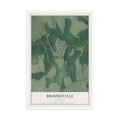 Map of Brookeville, Maryland, 12 x 18 inch print in a white wood frame
