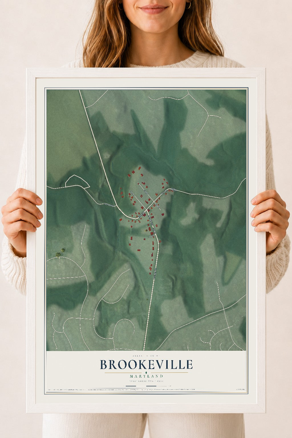 Map of Brookeville, Maryland, 18 x 24 inch print in a white wood frame