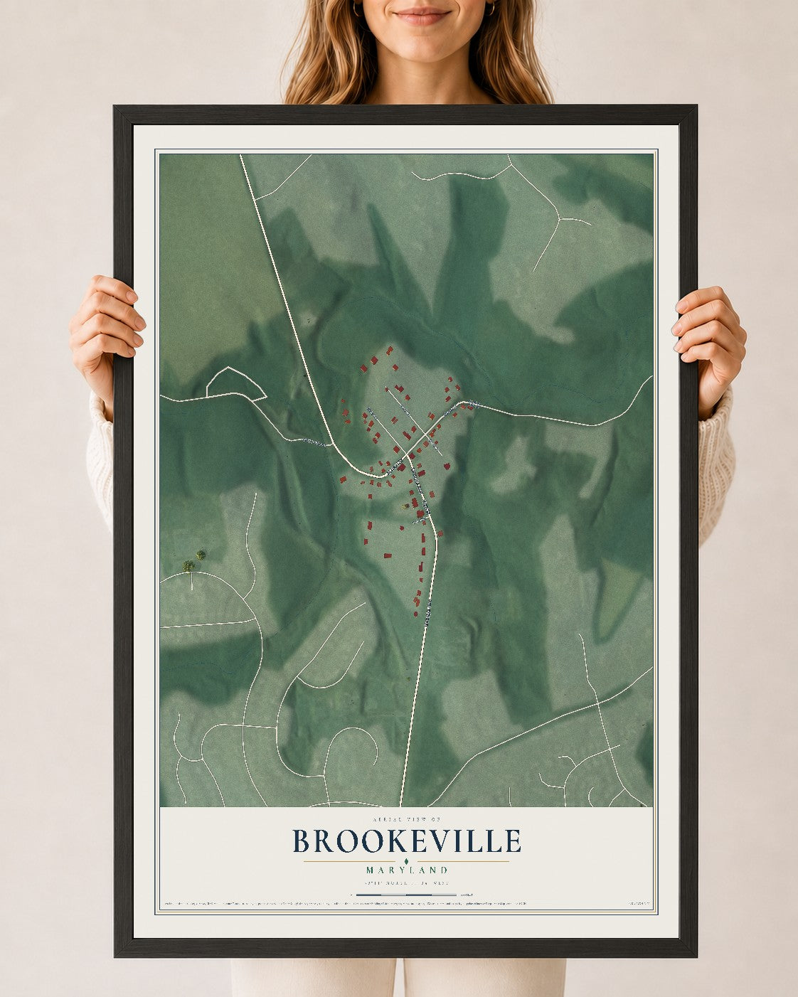 Map of Brookeville, Maryland, 24 x 36 inch print in a black wood frame
