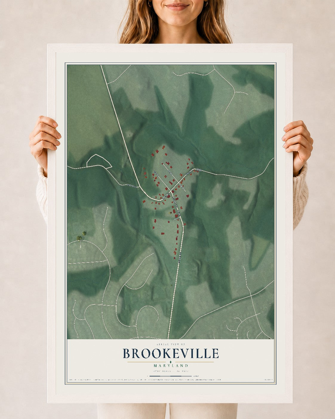Map of Brookeville, Maryland, 24 x 36 inch print in a white wood frame