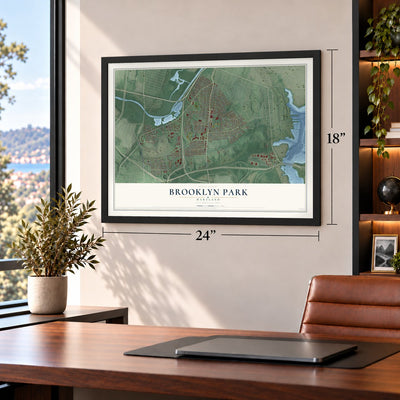 Brooklyn Park, Maryland map, 18 x 24 inch print in a black frame in a home office